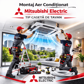 Montaj aer condiționat Mitsubishi Electric tip casetă de tavan realizat profesional de Serv Instal PMC. Instalare sigură și 5 ani garanție la montaj.