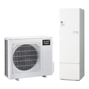Pompă de căldură Mitsubishi Ecodan Eco Inverter 4–6 kW (split): unitate exterioară și modul cu boiler 200 L