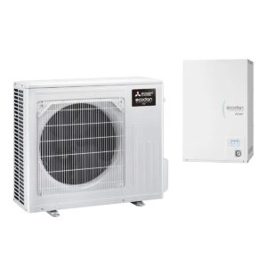 Pompă de căldură Mitsubishi Ecodan Eco Inverter 4–6 kW (split): unitate exterioară și modul hidronic de perete (fără boiler)