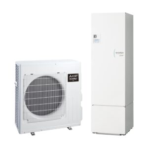 Pompă de căldură Mitsubishi Ecodan Eco Inverter 8–10 kW (split): unitate exterioară și modul cu boiler 200 L