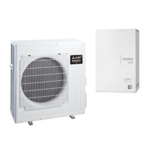 Pompă de căldură Mitsubishi Ecodan Eco Inverter 8–10 kW (split): unitate exterioară și modul hidronic de perete (fără boiler)