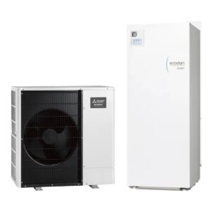 Pompă de căldură Mitsubishi Ecodan R290 (monobloc): unitate exterioară și modul cu boiler 200 L